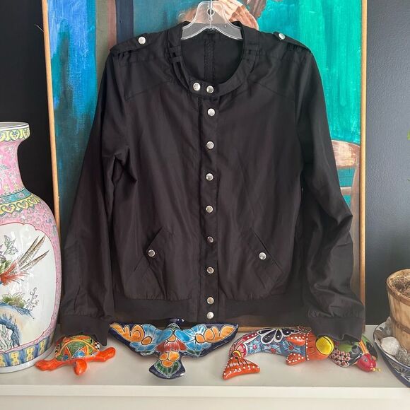 Y2K Elegant Black Bomber Jacket with Silver Buttons by Coupé M - Picture 3 of 16